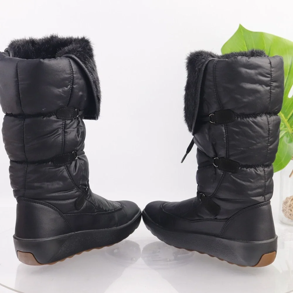 Pajar Womens Snow Boots Size 41 10 Waterproof Black Nylon Furry Pull On Quilted
